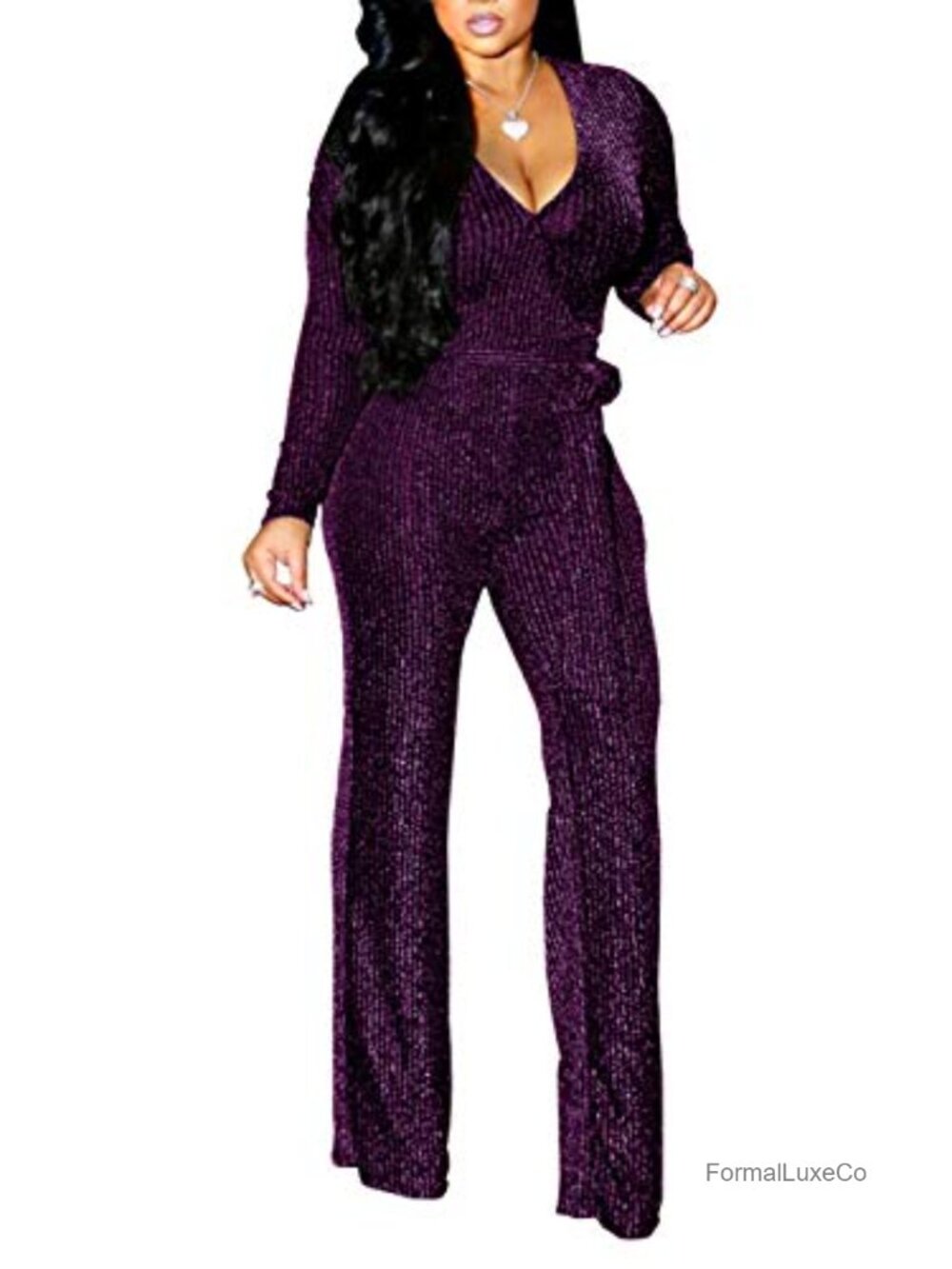 Sparkly V Neck Long Sleeve Wide Leg Jumpsuit with Belt for Night Out